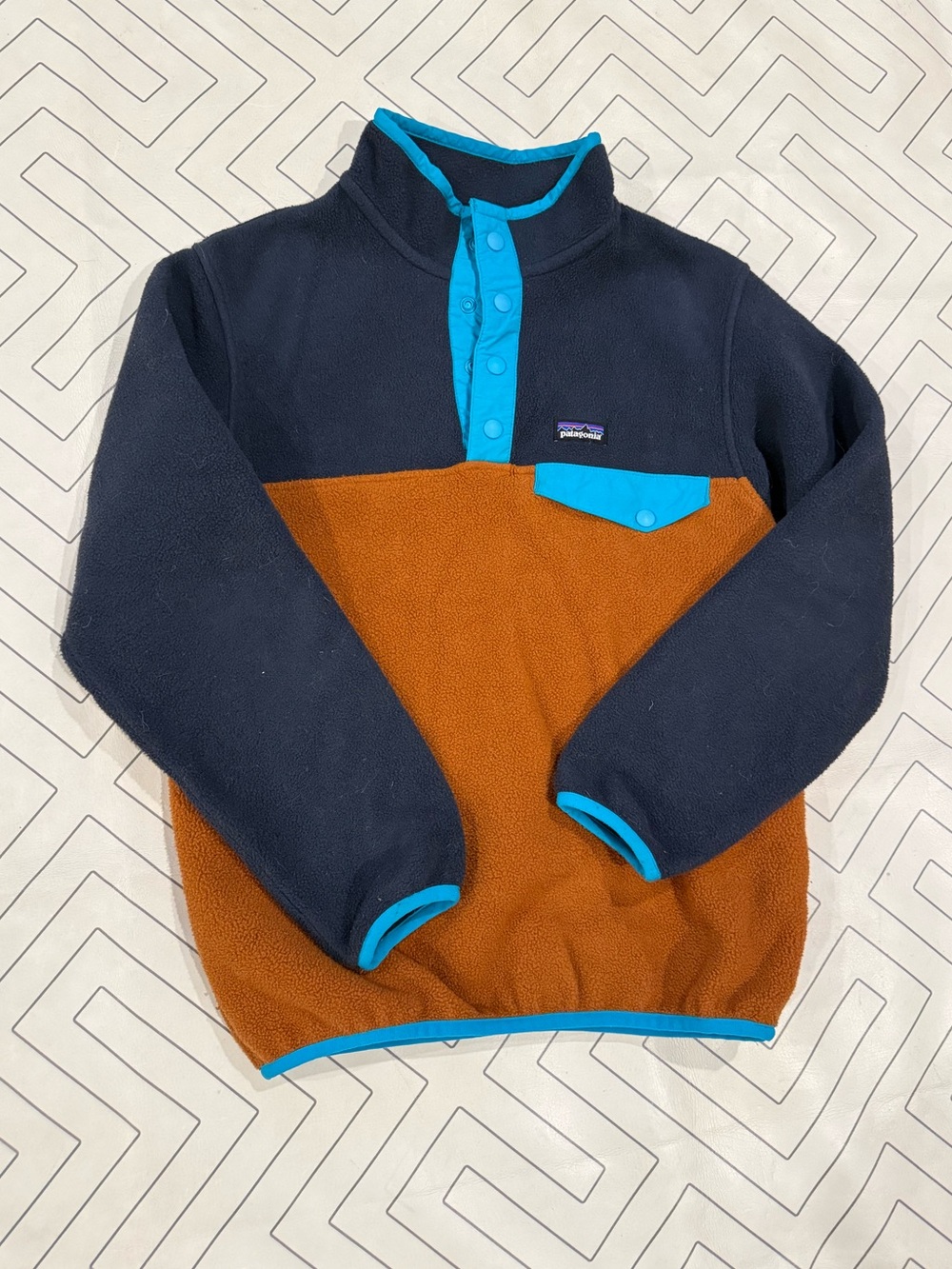 Patagonia Navy & Brown Colorblock Snap-T Fleece with Bright Blue Trim